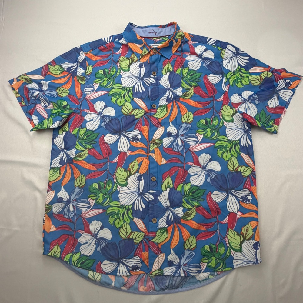 Tommy Bahama Shirt Men XL Blue Tropical Hibiscus Floral Coconut Point IslandZone